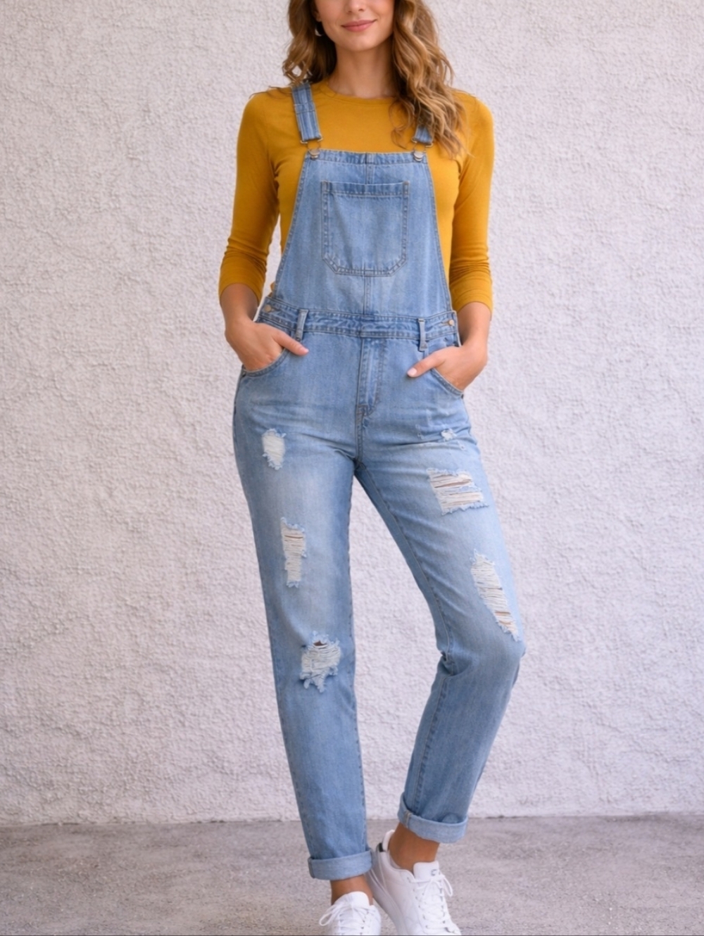 Angel Kiss Light Blue Distressed Denim Overalls - Women Jeans Size L